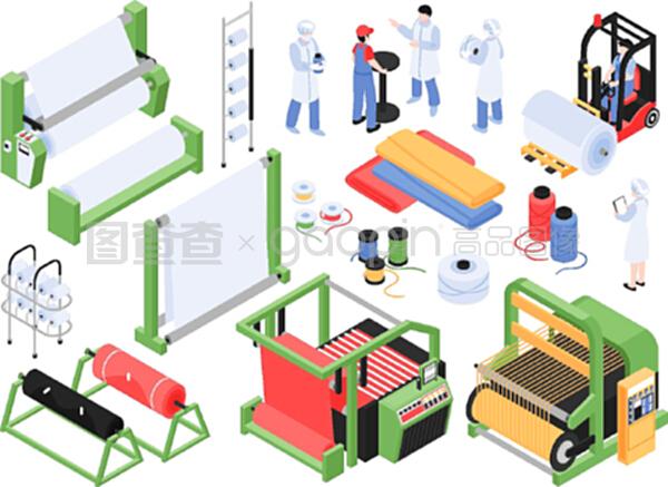 成套等距纺织厂生产的独立图像与工业机械储存设施和人员人物矢量插图